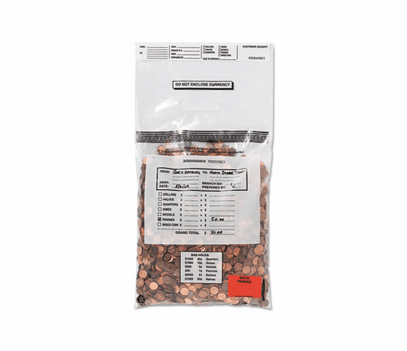 MMF231042120 Tamper-Evident Coin Tote, 50lb Cap, 6.5mil, 13 x 22, Clear, 100 Bags/Box By MMF INDUSTRIES
