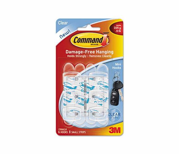 MMM17006CLR Clear Hooks and Strips, Plastic, Mini, 6 Hooks with 8 Adhesive Strips per Pack By 3M/COMMERCIAL TAPE DIV.