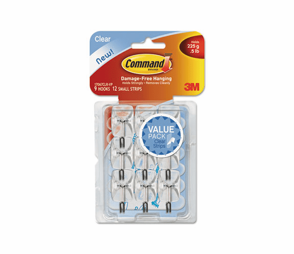 MMM17067CLRVP Clear Hooks and Strips, Plastic/Wire, Small, 9 Hooks with 12 Adhesive Strips per Pack By 3M/COMMERCIAL TAPE DIV.