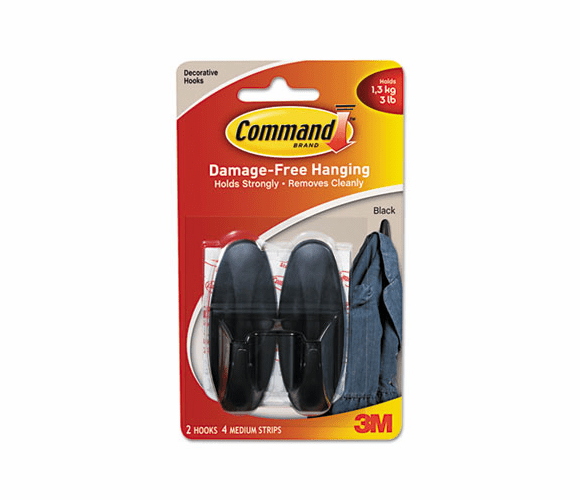 MMM17081BLK Designer Hooks, Plastic, Black, 2 Hooks with 4 Adhesive Strips per Pack By 3M/COMMERCIAL TAPE DIV.