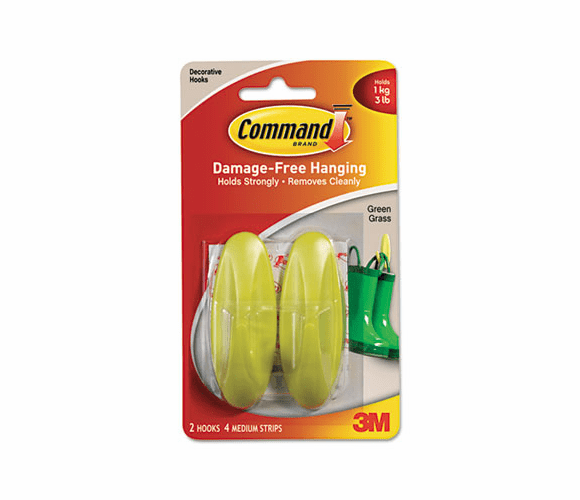 MMM17081GG Designer Hooks, Plastic, Green Grass, 2 Hooks with 4 Adhesive Strips per Pack By 3M/COMMERCIAL TAPE DIV.