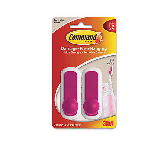 MMM17084P Designer Ball Hooks, Plastic, Pink, 2 Hooks with 4 Adhesive Strips per Pack By 3M/COMMERCIAL TAPE DIV.