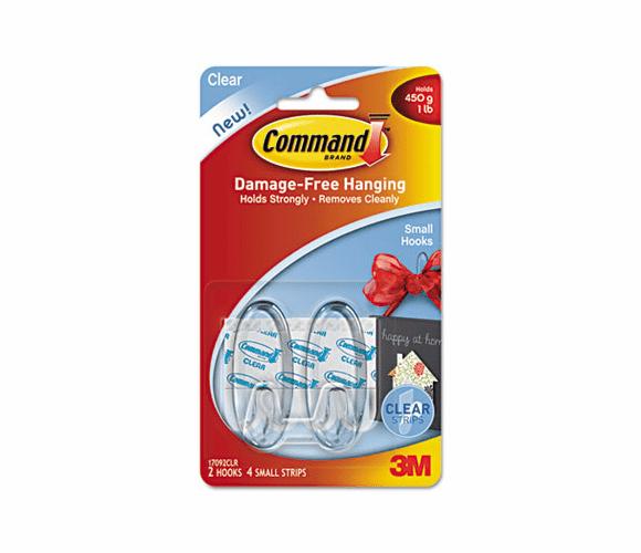 MMM17092CLR Clear Hooks and Strips, Plastic, Small, 2 Hooks with 4 Adhesive Strips per Pack By 3M/COMMERCIAL TAPE DIV.