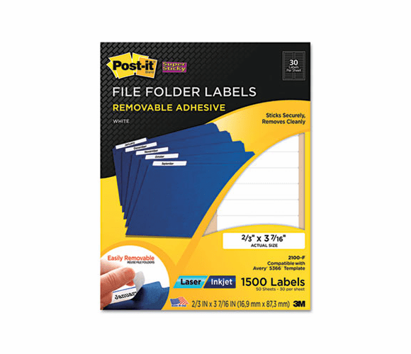 MMM2100F Removable File Folder Labels, 2/3 x 3 7/16, White, 1500/Pack By 3M/COMMERCIAL TAPE DIV.