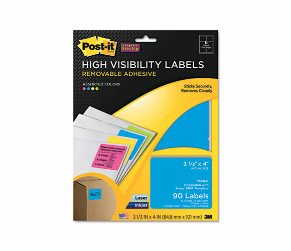 MMM2500H Removable ID Labels, 3-1/3w x 4h, Assorted Neon, 90 Labels/Pack By 3M/COMMERCIAL TAPE DIV.