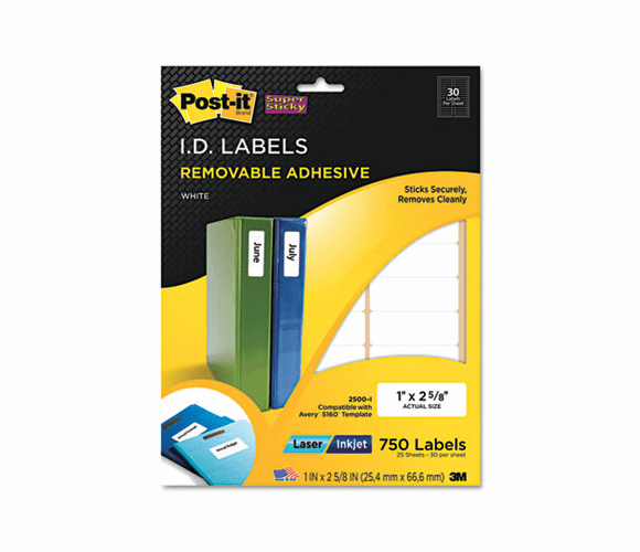 MMM2500I Removable ID Labels, 1w x 2-5/8h, White, 750 Labels/Pack By 3M/COMMERCIAL TAPE DIV.