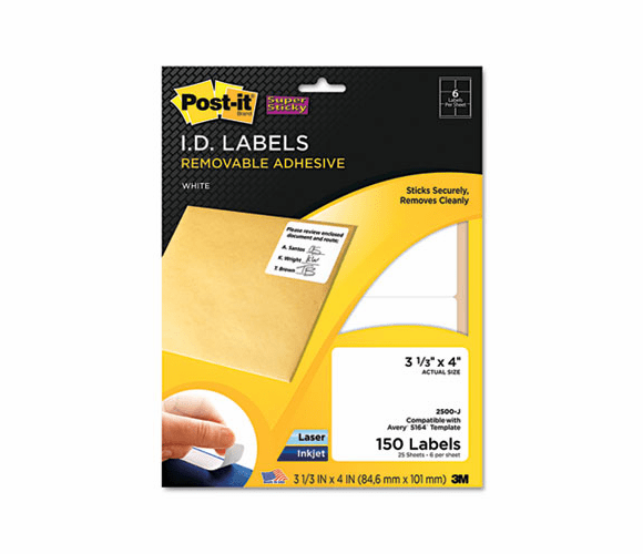MMM2500J Removable ID Labels, 3 1/3w x 4h, White, 150/Pack By 3M/COMMERCIAL TAPE DIV.