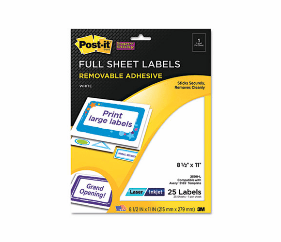 MMM2500L Removable ID Labels, 8-1/2w x 11,h White, 25 Labels/Pack By 3M/COMMERCIAL TAPE DIV.
