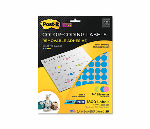 MMM2700N Removable Color-Coding Labels, 3/4in Dia, Asst Neon, 1800 Labels/PK By 3M/COMMERCIAL TAPE DIV.