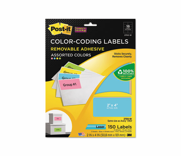 MMM2700W Removable Color-Coding Labels, 2 x 4, Assorted Neon, 150/Pack By 3M/COMMERCIAL TAPE DIV.