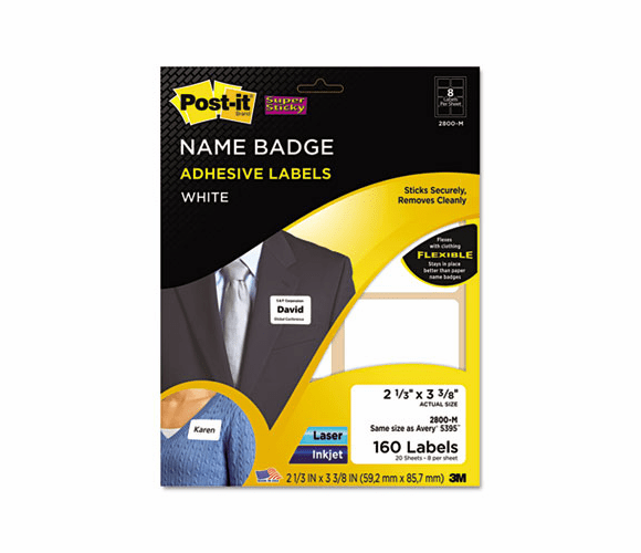 MMM2800M Removable Name Badge Labels, 2-1/3 x 3-3/8, White, 160/Pack By 3M/COMMERCIAL TAPE DIV.