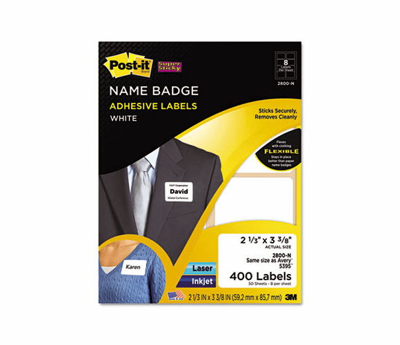 MMM2800N Removable Name Badge Labels, 2-1/3 x 3-3/8, White, 400/Pack By 3M/COMMERCIAL TAPE DIV.