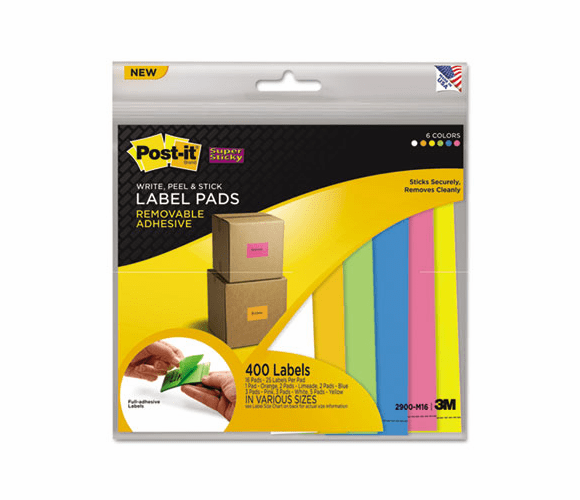 MMM2900M16 Removable Label Pads, Asst Sizes/Colors, 25 Lbls/Pad, 400 Labels/PK By 3M/COMMERCIAL TAPE DIV.