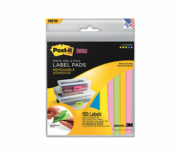 MMM2900M6 Removable Label Pads, Asst Sizes/Colors, 6 Pads/Pack, 150 Labels/PK By 3M/COMMERCIAL TAPE DIV.