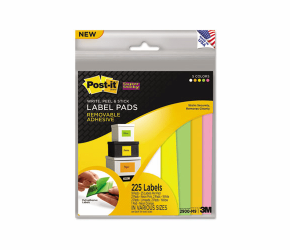 MMM2900M9 Removable Label Pads, Asst Sizes/Colors, 6 Pads/Pack, 225/Pack By 3M/COMMERCIAL TAPE DIV.