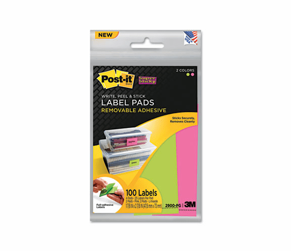 MMM2900PG Removable Label Pads, 1-7/8w x 2-7/8h, Limeade/Pink, 100/Pack By 3M/COMMERCIAL TAPE DIV.
