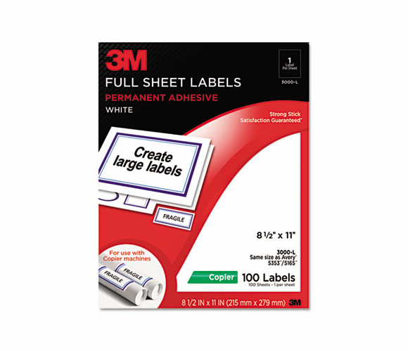 MMM3000L Permanent Adhesive White Full Sheet Copier Labels, 8-1/2 x 11, 100 Labels/Pack By 3M/COMMERCIAL TAPE DIV.