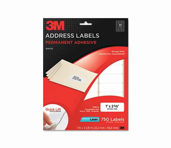 MMM3100A Permanent Adhesive White Laser Mailing Labels, 1 x 2-5/8, 750/Pack By 3M/COMMERCIAL TAPE DIV.
