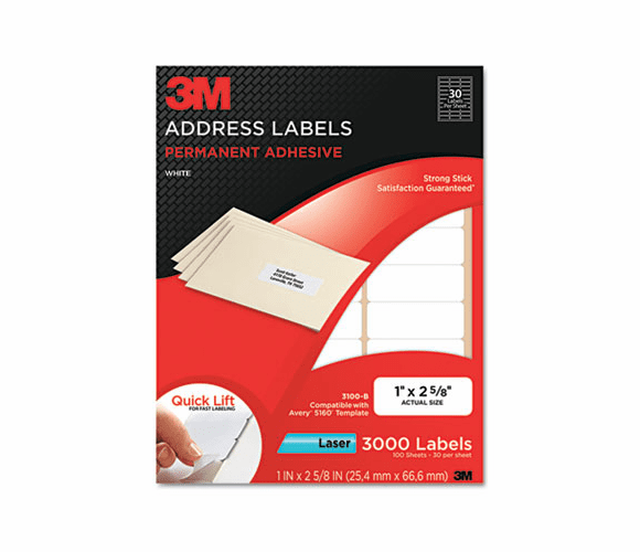 MMM3100B Permanent Adhesive White Laser Mailing Labels, 1 x 2-5/8, 3000/Pack By 3M/COMMERCIAL TAPE DIV.