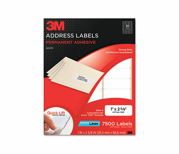 MMM3100C Permanent Adhesive White Laser Mailing Labels, 1 x 2-5/8, 7500/Pack By 3M/COMMERCIAL TAPE DIV.
