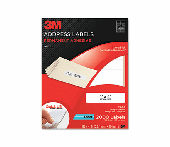 MMM3100D Permanent Adhesive White Laser Mailing Labels, 1 x 4, 2000/Pack By 3M/COMMERCIAL TAPE DIV.