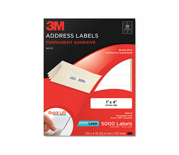 MMM3100E Permanent Adhesive White Laser Mailing Labels, 1 x 4, 5000/Pack By 3M/COMMERCIAL TAPE DIV.