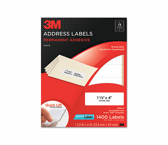 MMM3100F Permanent Adhesive White Laser Mailing Labels, 1-1/3 x 4, 1400/Pack By 3M/COMMERCIAL TAPE DIV.