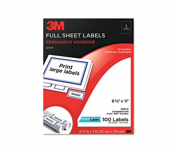 MMM3100M Permanent Adhesive White Laser Mailing Labels, 8-1/2 x 11, 100/Pack By 3M/COMMERCIAL TAPE DIV.