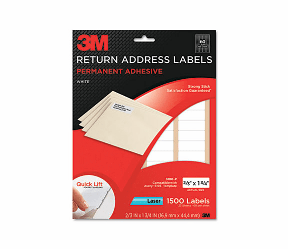 MMM3100P Permanent Adhesive White Mailing Labels f/ Laser Printers, 2/3 x 1-3/4, 1500/PK By 3M/COMMERCIAL TAPE DIV.