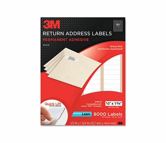 MMM3100R Permanent Adhesive White Mailing Label f/Laser Printers, 1/2 x 1-3/4, 8000/PK By 3M/COMMERCIAL TAPE DIV.