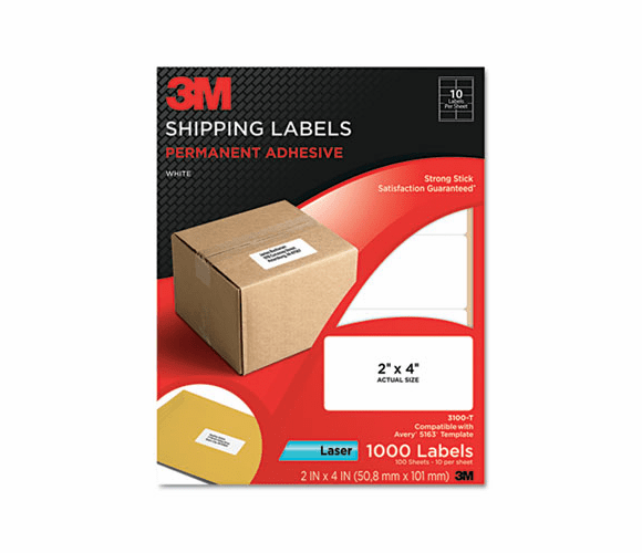 MMM3100T Permanent Adhesive White Laser Mailing Labels, 2 x 4, 1000/Pack By 3M/COMMERCIAL TAPE DIV.