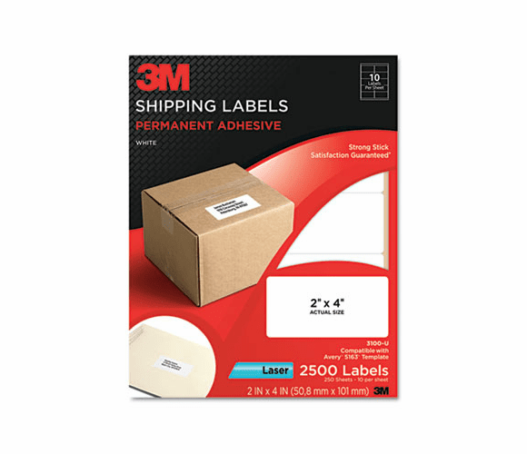 MMM3100U Permanent Adhesive White Laser Mailing Labels, 2 x 4, 2500/Pack By 3M/COMMERCIAL TAPE DIV.