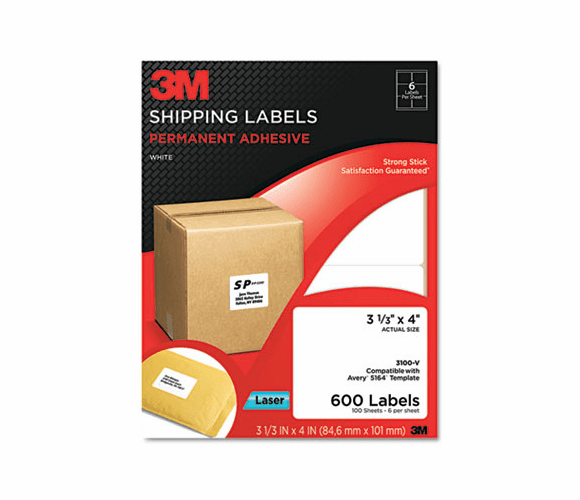 MMM3100V Permanent Adhesive White Laser Mailing Labels, 3-1/3 x 4, 600/Pack By 3M/COMMERCIAL TAPE DIV.
