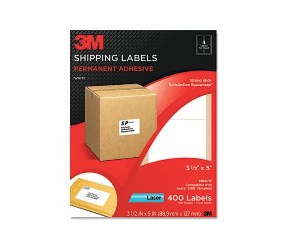 MMM3100W Permanent Adhesive White Laser Mailing Labels, 3-1/2 x 5, 400/Pack By 3M/COMMERCIAL TAPE DIV.