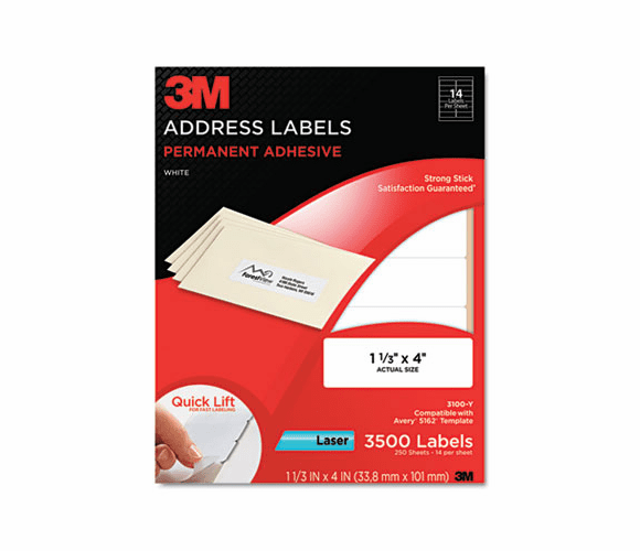 MMM3100Y Permanent Adhesive White Laser Mailing Labels, 1-1/3 x 4, 3500/Pack By 3M/COMMERCIAL TAPE DIV.