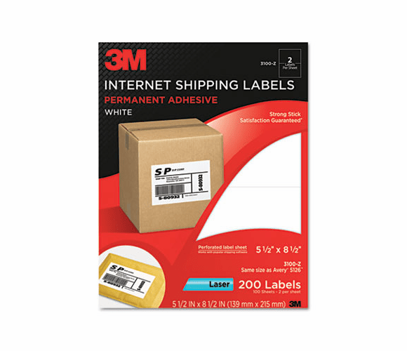MMM3100Z Permanent Adhesive White Mailing Label f/Laser Printer, 5-1/2 x 8-1/2, 200/Pack By 3M/COMMERCIAL TAPE DIV.