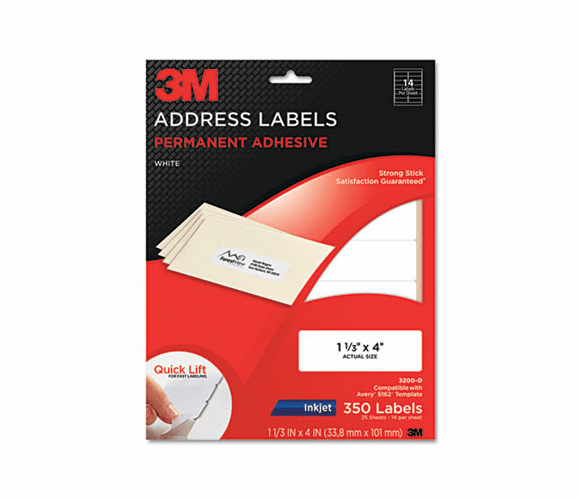 MMM3200D Permanent Adhesive White Inkjet Mailing Labels, 1-1/3 x 4, 350/Pack By 3M/COMMERCIAL TAPE DIV.