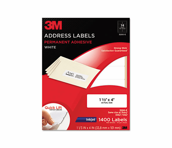 MMM3200E Permanent Adhesive White Mailing Labels f/ Inkjet Printers, 1-1/3 x 4, 1400/Pack By 3M/COMMERCIAL TAPE DIV.