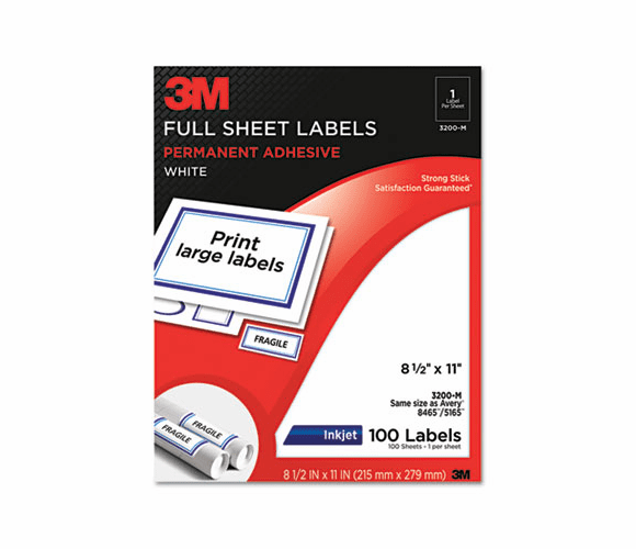 MMM3200M Permanent Adhesive White Mailing Labels f/ Inkjet Printers, 8-1/2 x 11, 100/Pack By 3M/COMMERCIAL TAPE DIV.
