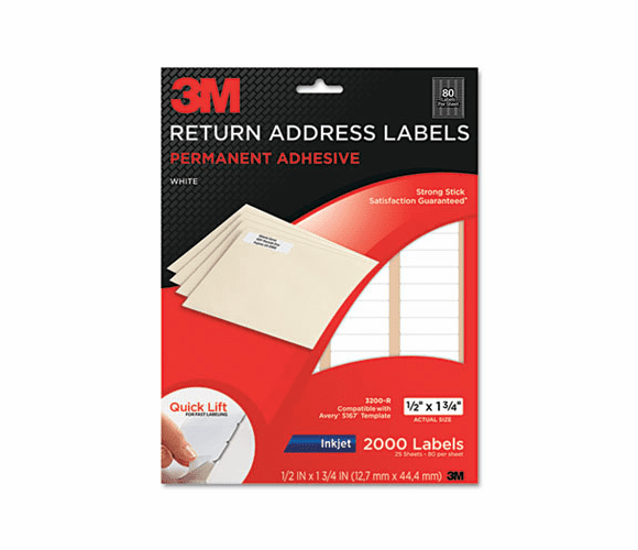 MMM3200R Permanent Adhesive White Mailing Labels f/ Inkjet Printers, 1/2 x1 -3/4, 2000/PK By 3M/COMMERCIAL TAPE DIV.