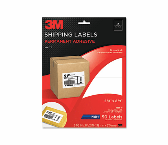 MMM3200V Permanent Adhesive White Mailing Labels f/ Inkjet Printers, 5-1/2 x 8-1/2, 50/PK By 3M/COMMERCIAL TAPE DIV.
