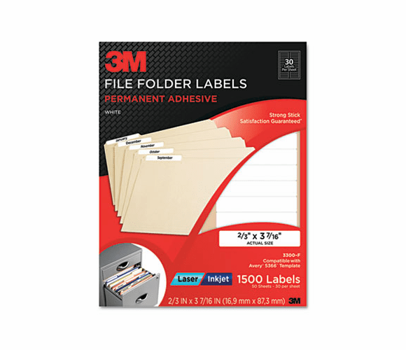 MMM3300F Permanent Adhesive Filing Labels, 2/3 x 3-7/16, White, 1500/Pack By 3M/COMMERCIAL TAPE DIV.