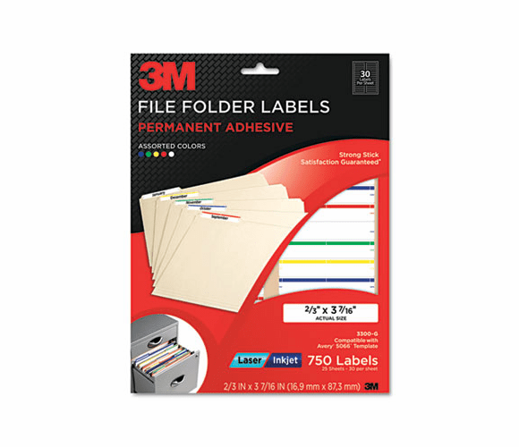 MMM3300G Permanent Adhesive Filing Labels, 2/3 x 3-7/16, Assorted, 750/Pack By 3M/COMMERCIAL TAPE DIV.