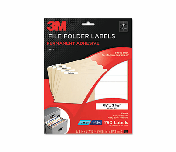 MMM3300H Permanent Adhesive Filing Labels, 2/3 x 3-7/16, White, 750/Pack By 3M/COMMERCIAL TAPE DIV.
