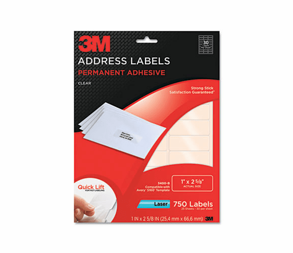 MMM3400B Permanent Adhesive Clear Laser Mailing Labels, 1 x 2-5/8, 750/Pack By 3M/COMMERCIAL TAPE DIV.