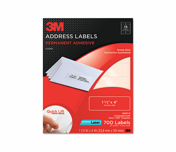 MMM3400D Permanent Adhesive Clear Laser Mailing Labels, 1-1/3 x 4, 700/Pack By 3M/COMMERCIAL TAPE DIV.