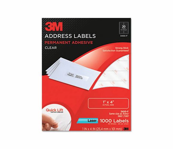 MMM3400F Permanent Adhesive Clear Laser Mailing Labels, 1 x 4, 1000/Pack By 3M/COMMERCIAL TAPE DIV.