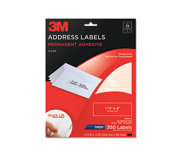 MMM3500C Permanent Adhesive Clear Inkjet Mailing Labels, 1-1/3 x 4, 350/Pack By 3M/COMMERCIAL TAPE DIV.