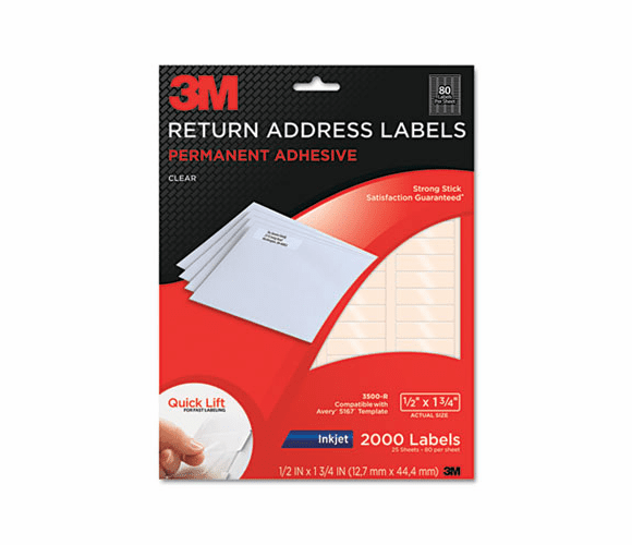 MMM3500R Permanent Adhesive Clear Inkjet Mailing Labels, 1/2 x 1-3/4, 2000/PK By 3M/COMMERCIAL TAPE DIV.