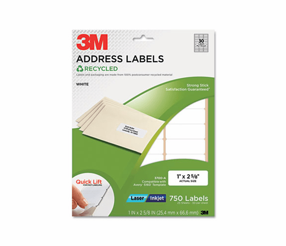 MMM3700A Permanent Adhesive White Recycled Mailing Labels, 1 x 2-5/8, 750/Pack By 3M/COMMERCIAL TAPE DIV.